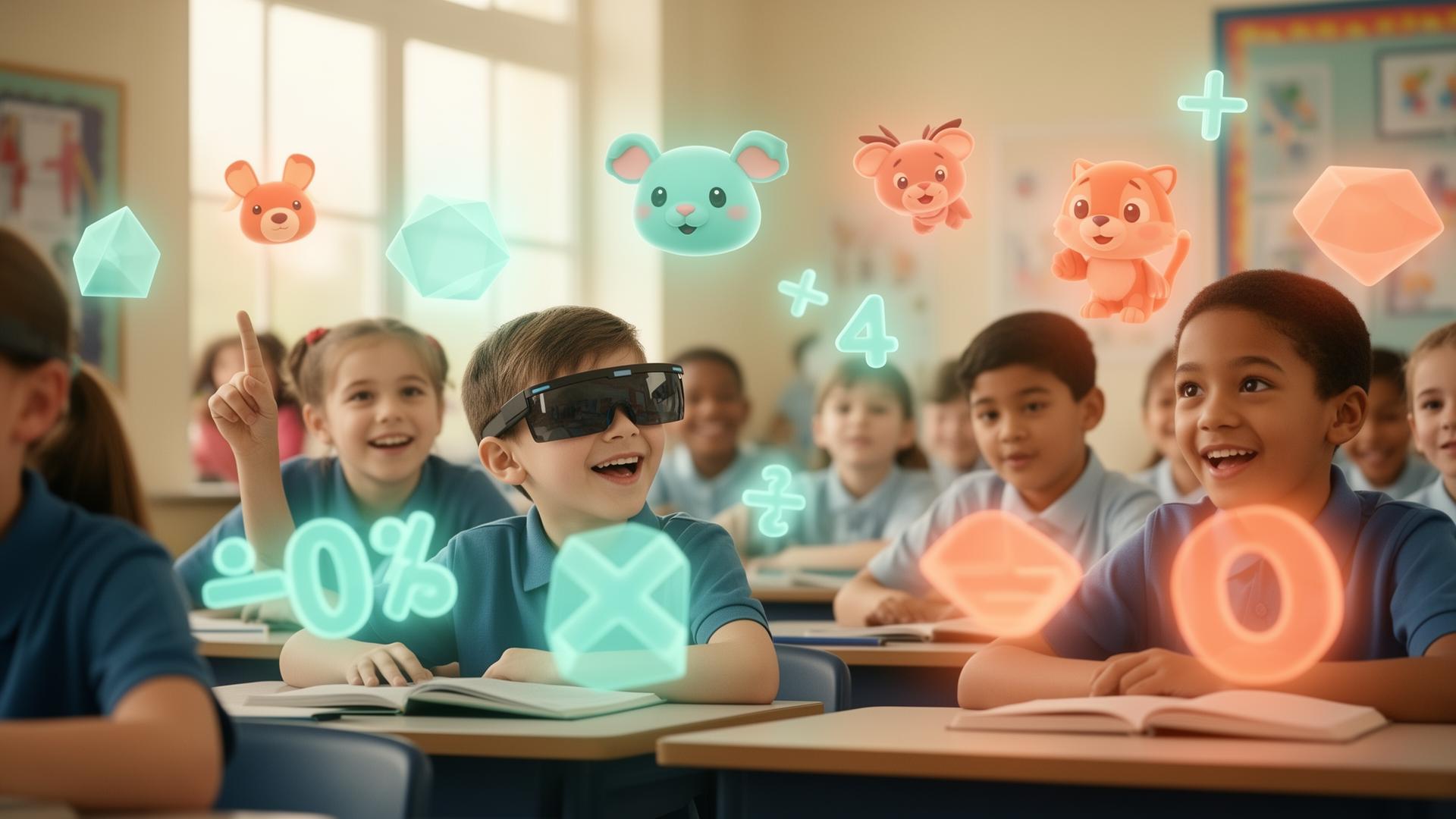 UK primary pupils joyfully exploring AR holograms in an inclusive classroom